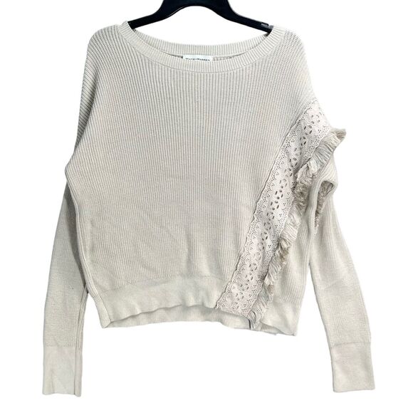 White + Warren Knit Sweater Womens M Beige Lace Fringe Pullover Romantic Boho - Picture 1 of 14